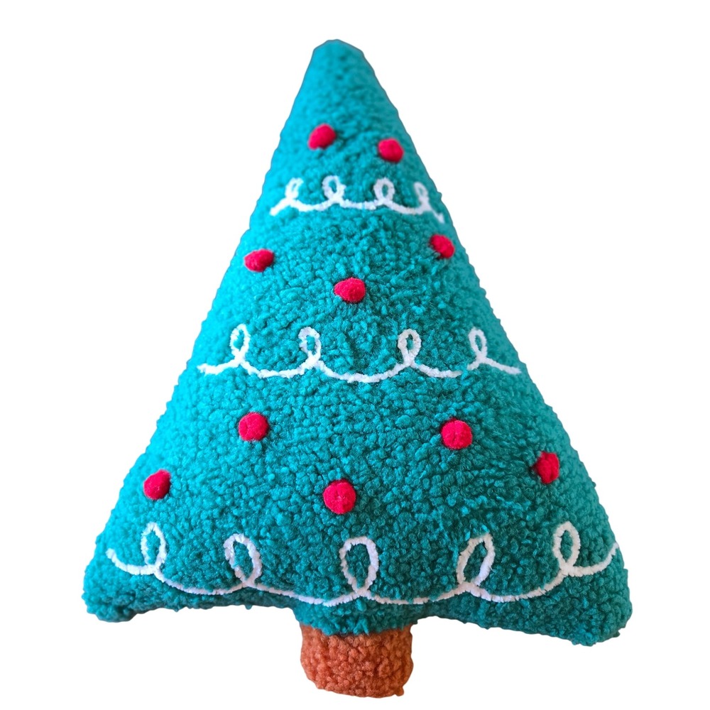 Christmas Tree Sherpa Decorative Pillow Teal Green Pom Pom Holiday Decor